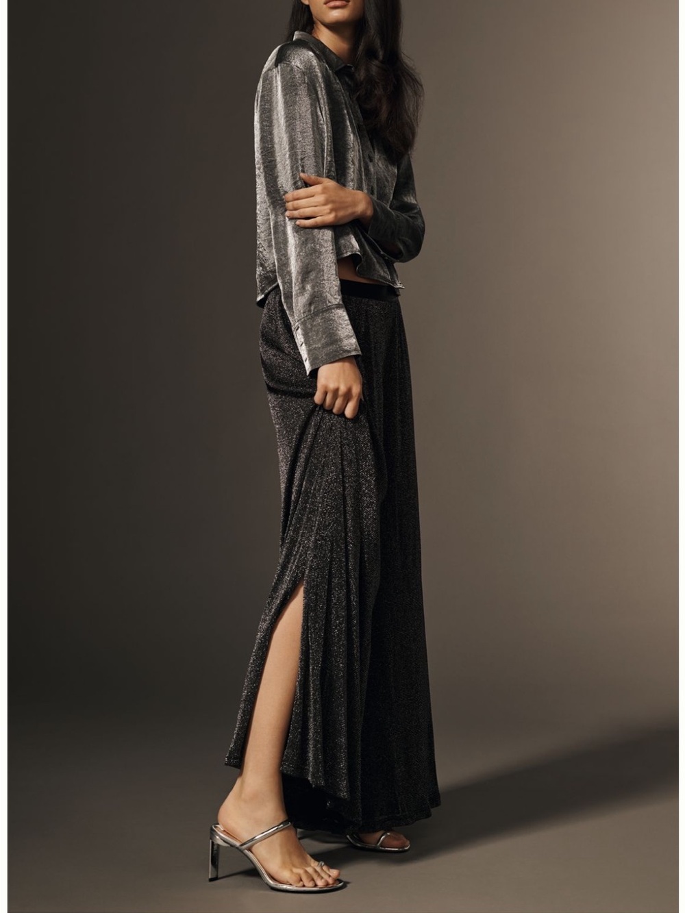 Sparkle Side-Slit Maxi Skirt — Black
